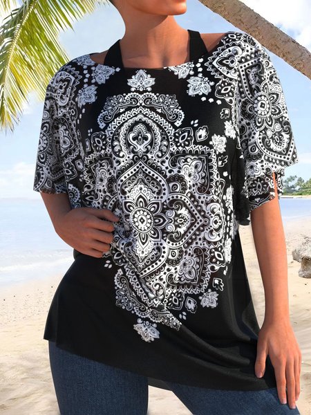 

Casual Ethnic Totem Design Loose Short Sleeve T-Shirt, Black, T-Shirts