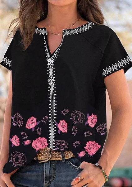 

Casual Floral Loosen Tops, Black, T-Shirts