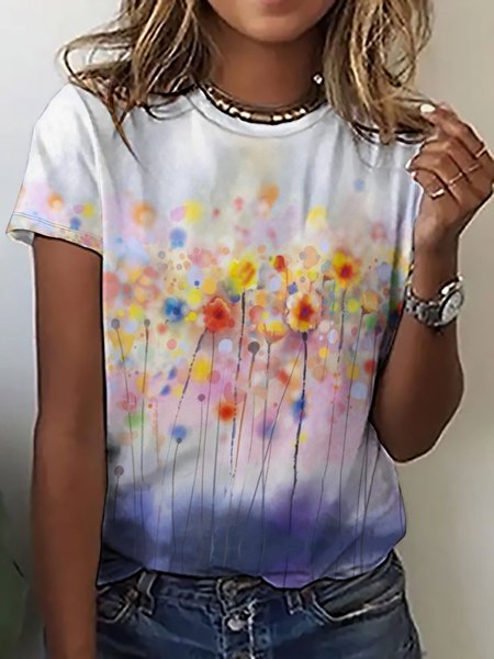 

Casual Abstract Gradient Floral Print Crew Neck T-Shirt, As picture, T-shirts