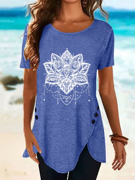 

Casual Vintage Mandala Print Crew Neck T-Shirt, Blue, T-shirts