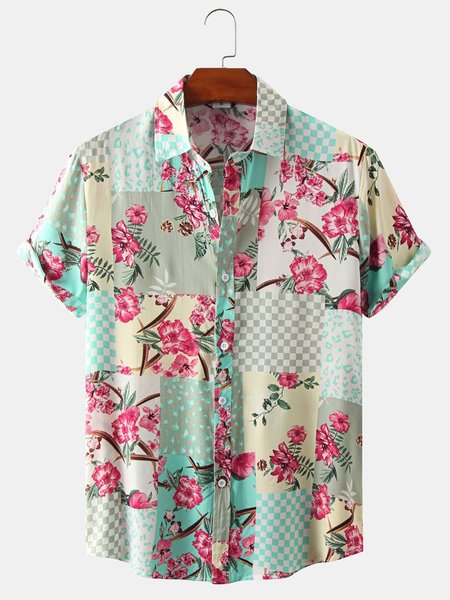 

Cotton And Linen Holiday Leisure Short-sleeved Shirt, As picture, Men's Floral shirt