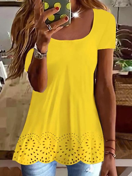 

Short-sleeved Top With Round Neck Hem And Flower Design, Yellow, Shirts & Blouses