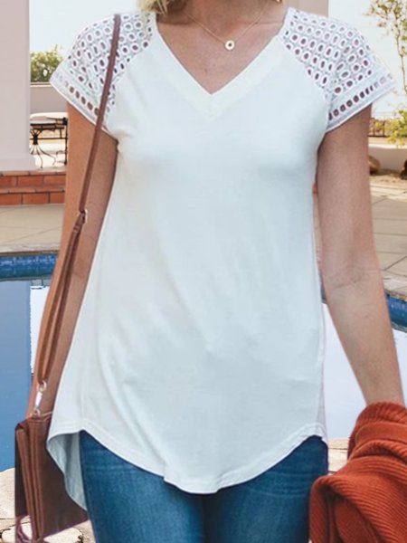 

V Neck Loosen Vacation T-Shirt, White, T-Shirts
