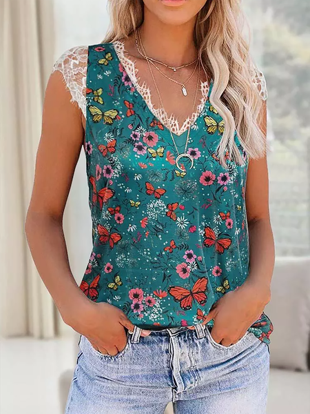 

Casual Vacation Floral Printed Lace Splicing V-Neck Tops, Green, Tanks & Camis