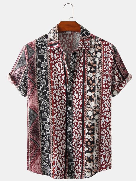 

Cotton And Linen Holiday Leisure Short-sleeved Shirt, As picture, Men's Floral shirt