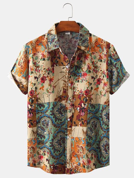 

Cotton And Linen Holiday Leisure Short-sleeved Shirt, As picture, Men's Floral shirt
