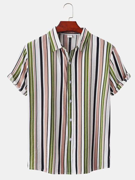 

Cotton Linen Striped Casual Short Sleeve Shirt, As picture, Shirts ＆ Blouse