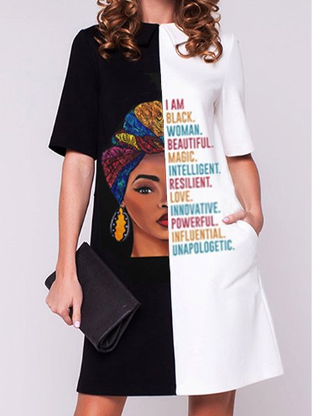 

Elegant Lapel Figure Printed Short Sleeve Dress, Black-white, Mini Dresses