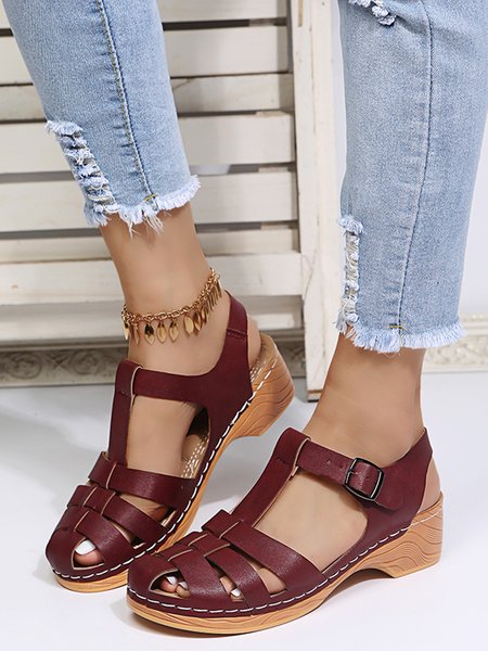 

JFN Classic Solid Casual Block Heel Roman Sandals, Wine red, Sandals