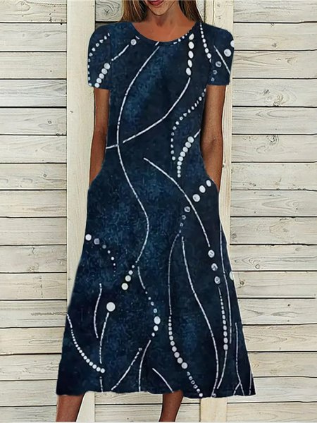

JFN Round Neck Pockets Geometric Vacation Casual Midi Dress, Dark blue, Dresses