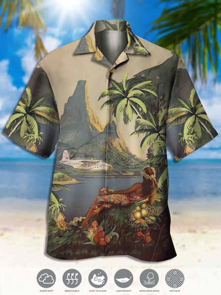 

Men's Coconut Tree Print Casual Moisture Absorbent Breathable Fabric Hawaiian Short Sleeve Shirt, Green, Men's Floral shirt