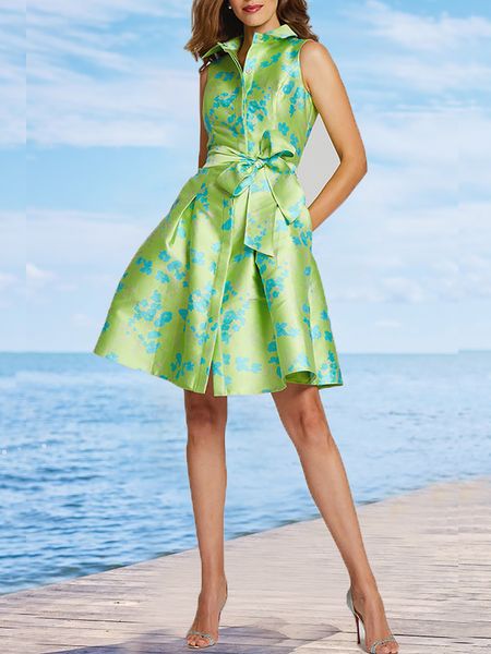 

Summer Lightweight Elegant Regular Fit Sleeveless Woven Shirt Collar Dresses, Green, Dresses