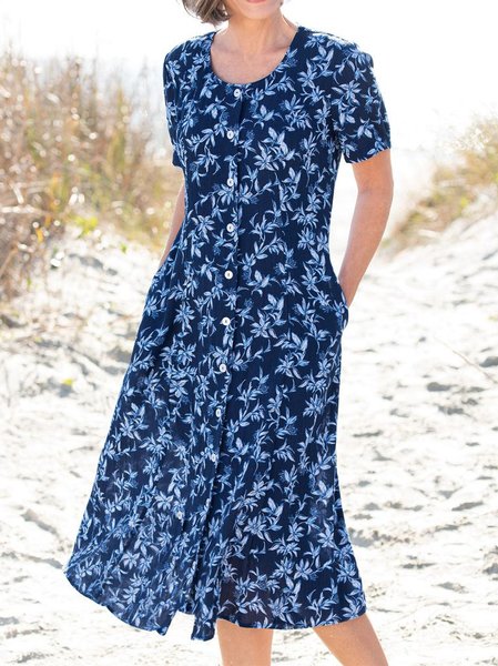 

Crew Neck Floral Regular Fit Dresses, Dark blue, Dresses