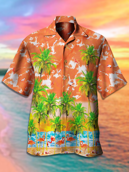 

Resort Style Hawaii Series Gradient Coconut Tree Flamingo Element Pattern Lapel Short-Sleeved Shirt Print Top, Light orange, Men's Floral shirt