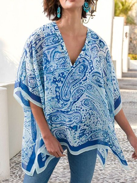 

Folk style Peris loose holiday top sunscreen blouse plus size, Blue, Blouses & Shirts