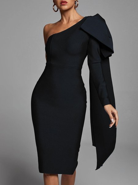

Elegant Solid Sleeveless Asymmetrical Neck Bow Dress, Black, Midi Dresses