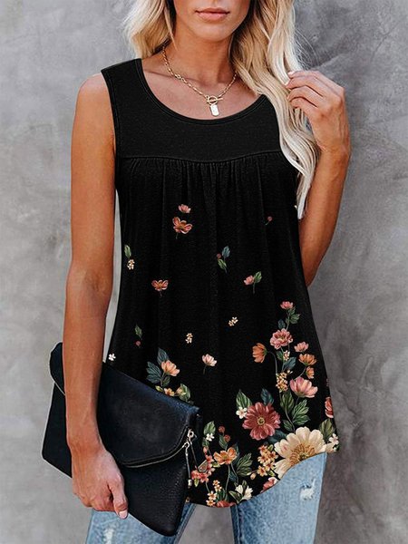 

Vacation Crew Neck Floral Ruffled Tanks & Camis, Black, Tanks & Camis