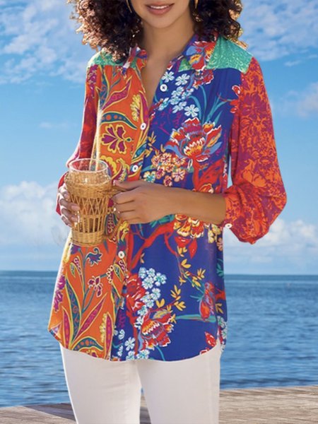 

Shirt Collar Vacation Loosen Blouse, Multicolor, Blouses & Shirts