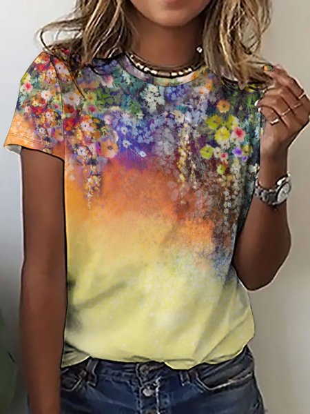 

Casual Abstract Floral Gradient Print Crew Neck T-Shirt, As picture, T-shirts