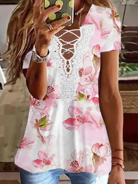 

Vacation V Neck Floral Short Sleeve Tops, White, Shirts & Blouses