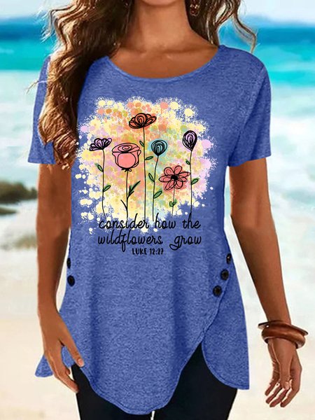

Womens Consider How The Wildflowers Grow Casual Letter Short Sleeve T-Shirt, Blue, T-shirts