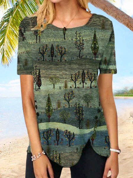 

Casual Printed Regular Fit Tops, Green, T-Shirts