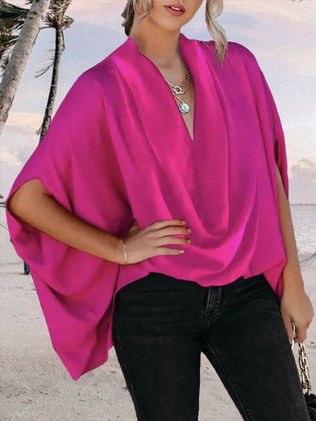 

Casual Solid Cowl Neck Half Sleeve Top, Rose red, Tops
