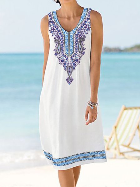 

Ethnic Floral Design Casual Sleeveless Dress, White, Midi Dresses