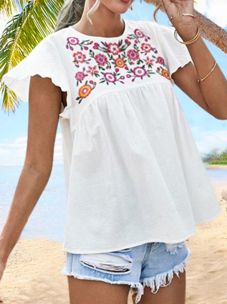 

Floral Loosen Crew Neck Tops, White, Shirts & Blouses