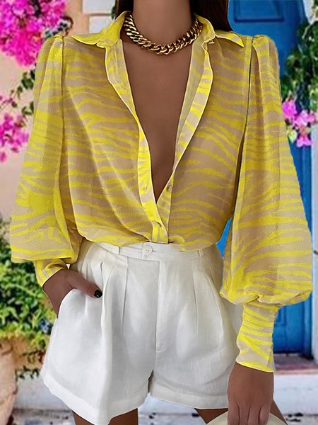 

Simple Shirt Collar Long Sleeve Blouse, Yellow, Tops