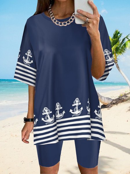 

Navy Stripe anchor loose Bermuda Shorts T-shirt two piece set plus size, Navy blue, Suit Set