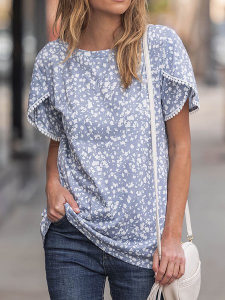 

Casual Floral Printed Round Neck Short sleeve Vacation T-Shirt, Blue, T-Shirts
