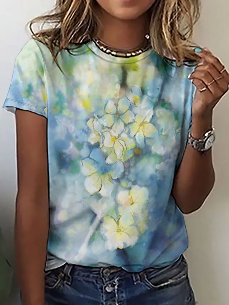 

Casual Simple Floral Gradient Print Crew Neck T-Shirt, Blue, T-shirts