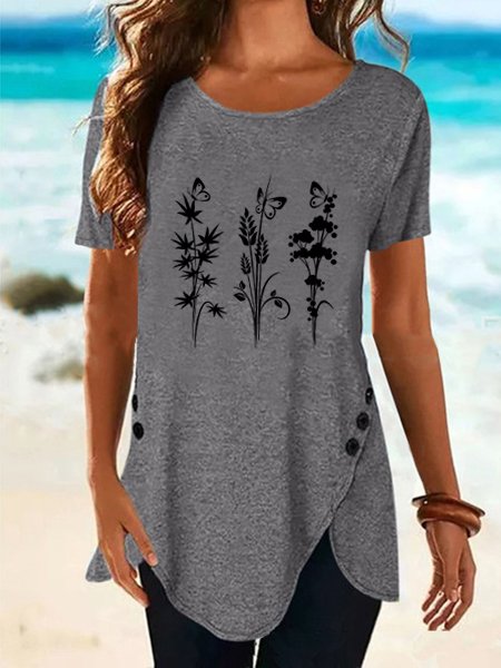 

Casual Simple Plant Print Crew Neck T-Shirt, Gray, T-shirts