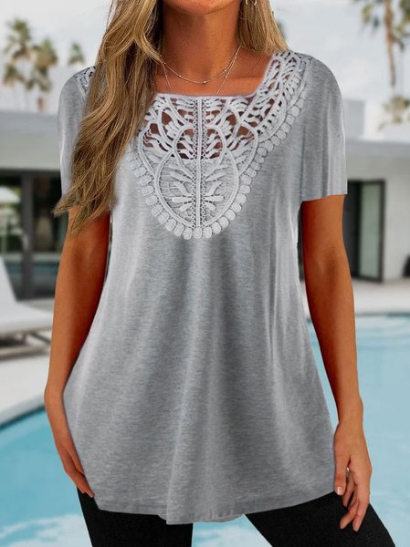 

Casual Lace Panel Loose Short Sleeve T-Shirt, Gray, T-Shirts