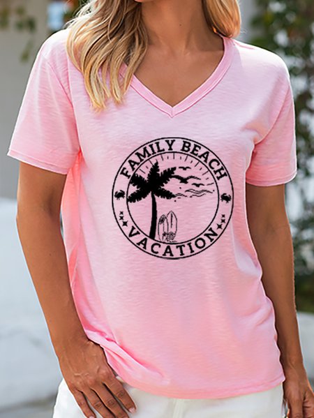 

Family Beach Vacation Boho Loosen Letter Short Sleeve Tops, Pink, T-shirts