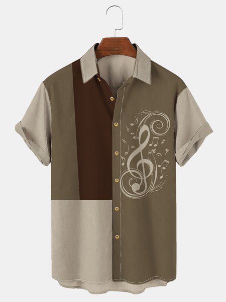 

Cotton Linen Music Print Casual Short Sleeve Shirt, As picture, Men's Floral shirt