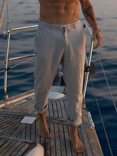 

Cotton and linen style American casual basic all-match linen trousers, As picture, Pants