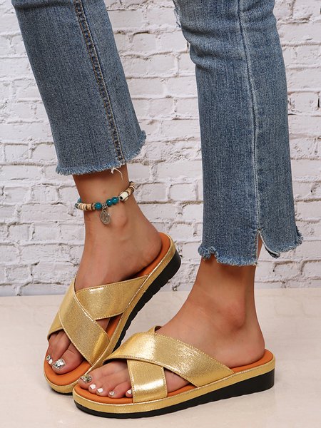 

JFN Simple Cross Strap Casual Slippers, Golden, Sandals & Slippers