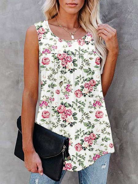 

Vacation Floral Crew Neck Ruched Tops, Multicolor, Tanks & Camis