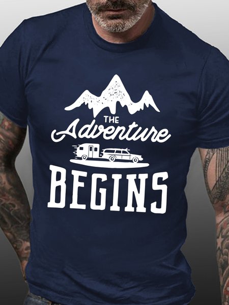 

Adventure Begins Camping Mountains Crew Neck T-shirt, Purplish blue, T-shirts