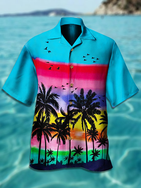 

Resort Style Hawaii Series Gradient Striped Coconut Tree Element Pattern Lapel Short-Sleeved Shirt Print Top, Blue, Men's Floral shirt