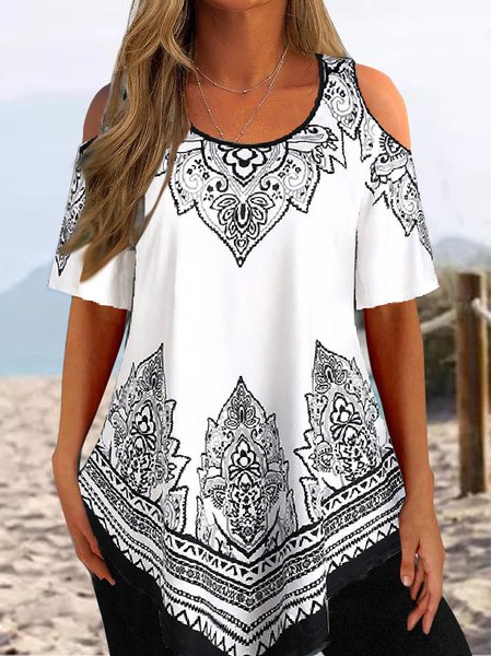 

Casual Ethnic Floral Design Round Neck Off Shoulder T-Shirt, White, Shirts & Blouses