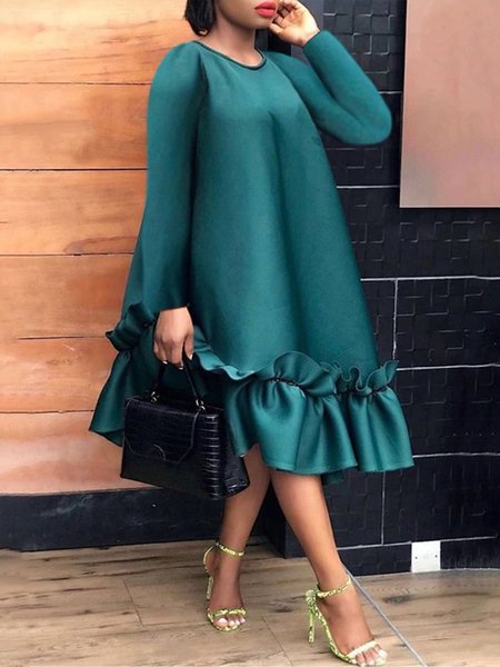 

Elegant Solid Crew Neck A-line Ruffled Women Dress, Green, Midi Dresses