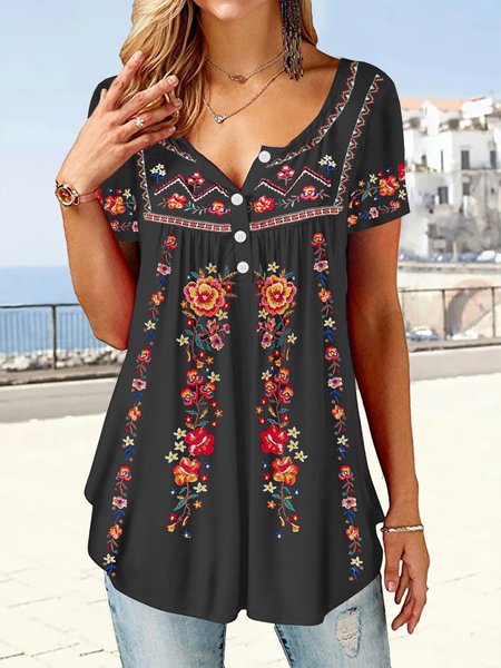 

Mexican pattern holiday loose folk flower print half open button top T-shirt tunic Plus Size, Black, Tunics