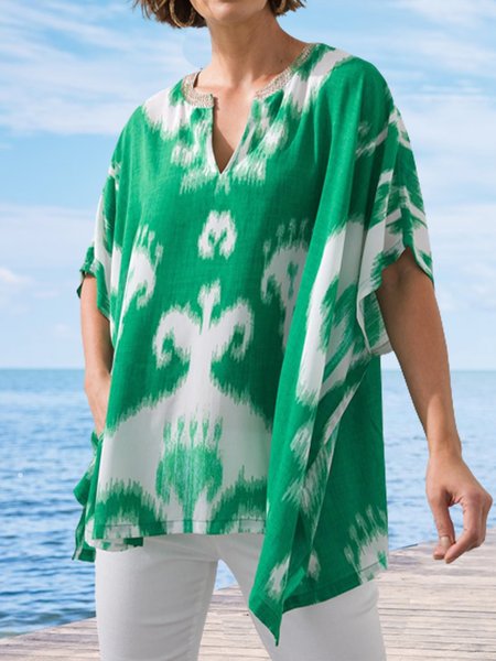 

Vacation Cotton Blends Blouse, Green, Shirts & Blouses