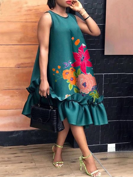 

Vacation Crew Neck Floral Printed Women Dress, Green, Midi Dresses