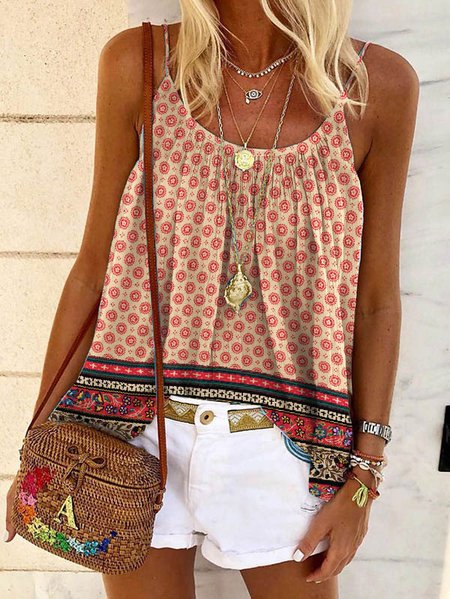 

Casual Ethnic Floral Sling V-Neck Top, Pink, Tanks & Camis