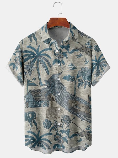

Men's Ocean Print Casual Fabric Fashion Hawaiian Lapel Short Sleeve Shirt, Blue, Men's Floral shirt