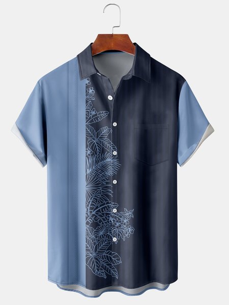 

Resort Style Hawaiian Series Striped Geometric Plant Flower Leaf Element Pattern Lapel Short-Sleeved Shirt Print Top, Light blue, Men's Floral shirt